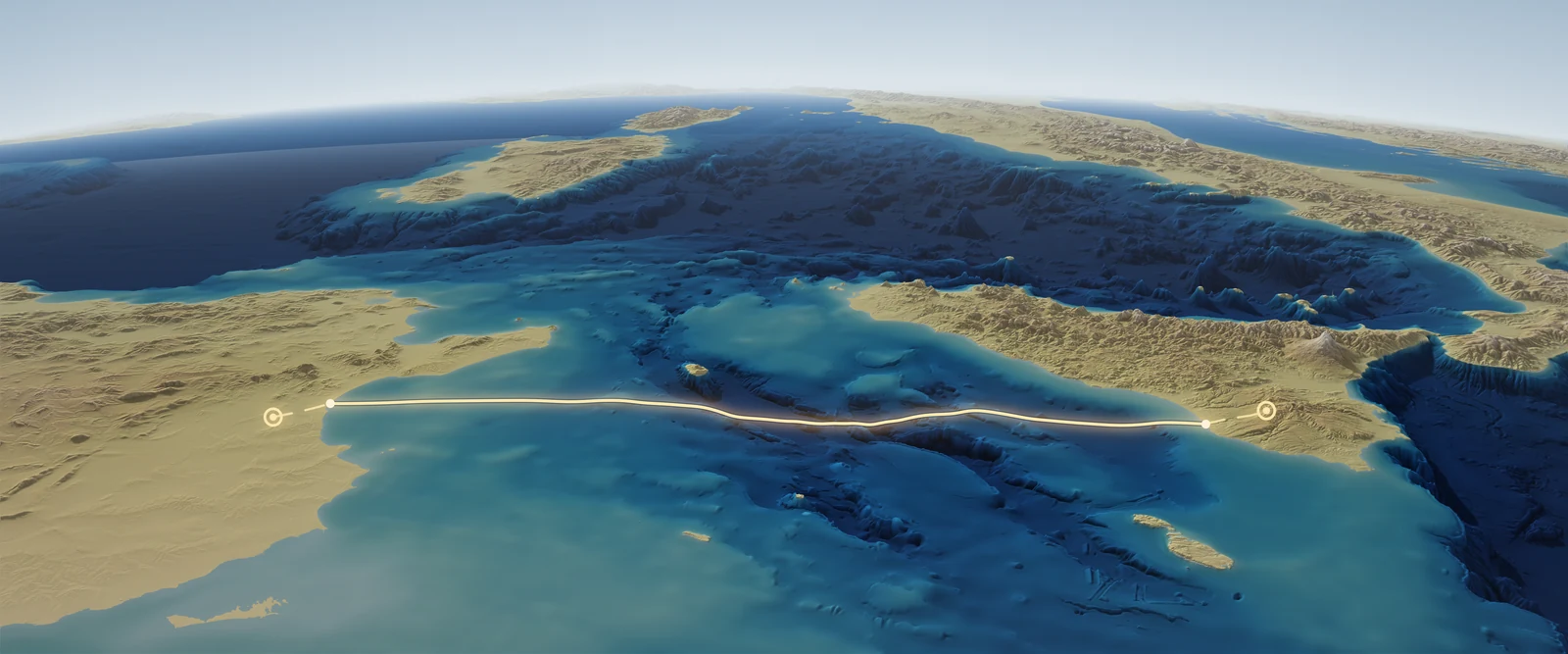 Vista tridimensionale del Mediterraneo centrale verso nord-est, con il tracciato indicativo del cavo attraverso il Canale di Sicilia da Kondar in Tunisia a Chiaramonte Gulfi in Sicilia.